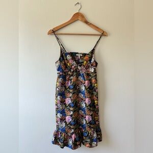 Black, silk, floral print, ruffle hem, spaghetti strap mini dress